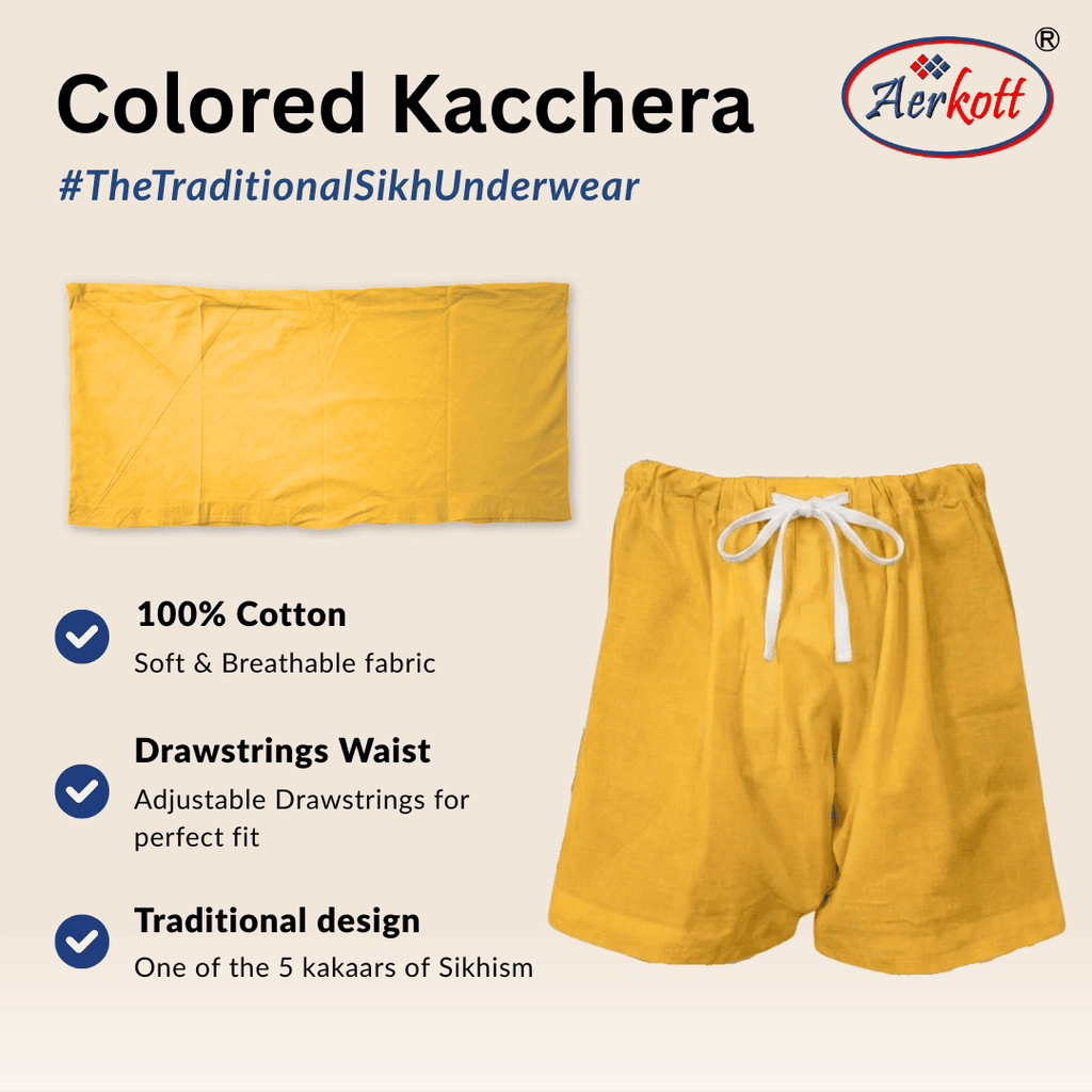 Yellow sikh kacchera, sikh cotton underwear with drawstrings and Aerkott logo on a beige background