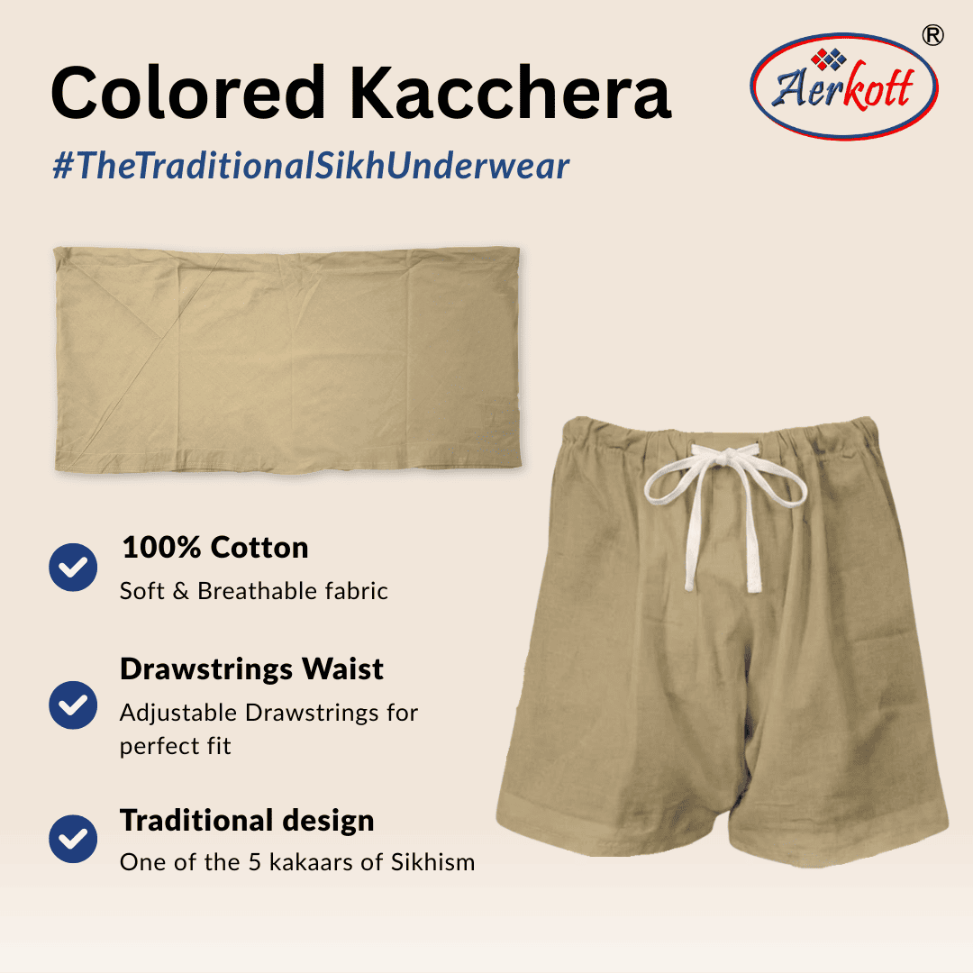 Beige kacchera with drawstrings and Aerkott branding on a beige background