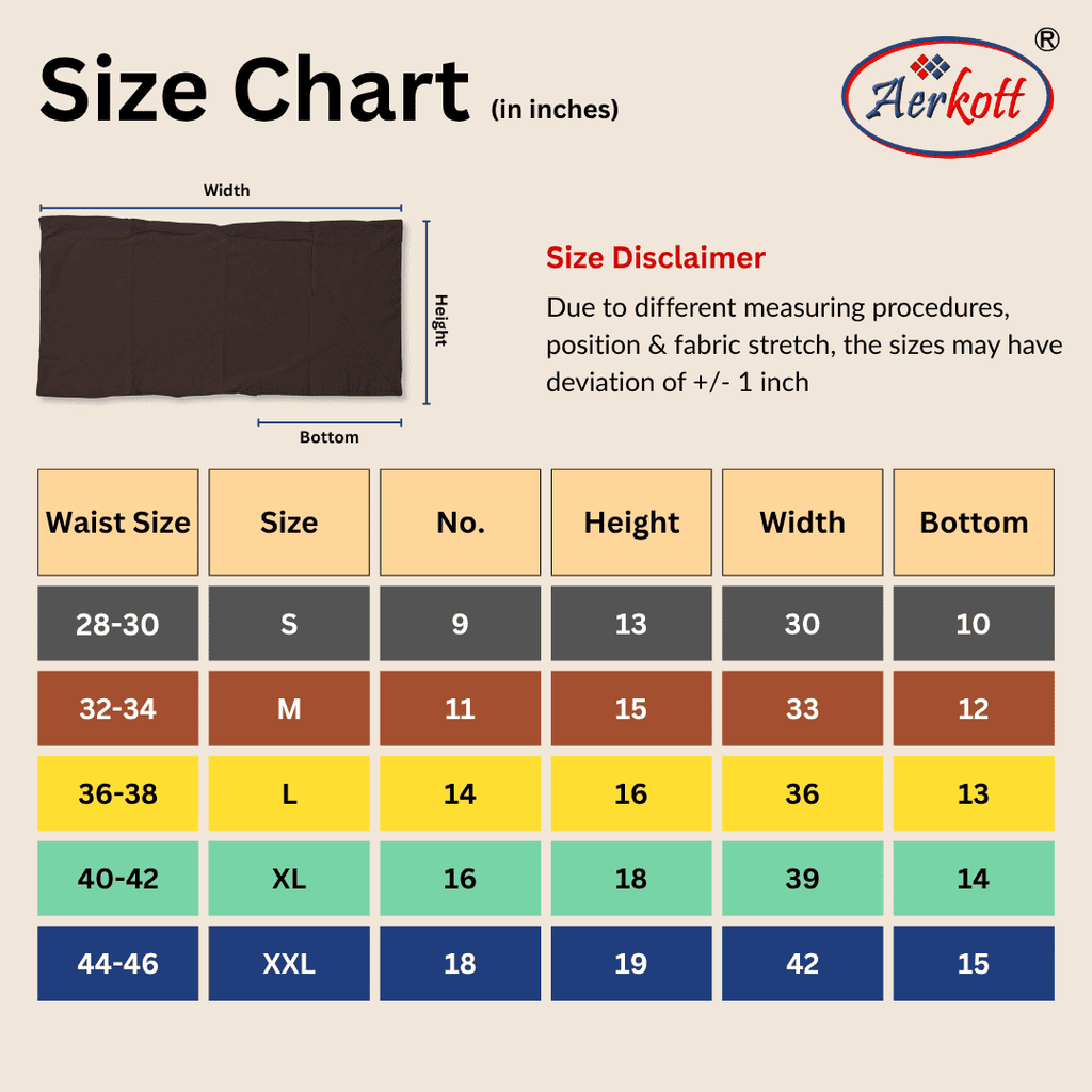 Aerkott size chart for sikh cotton kacchera measurements in inches