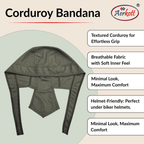 corduroy bandana features listed on a beige background 