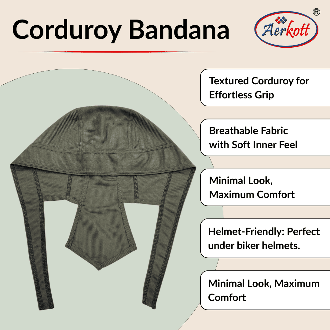 corduroy bandana features listed on a beige background 