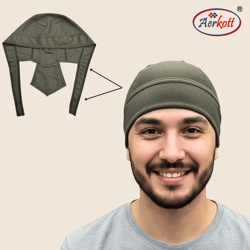 a man wearing corduroy bandana with real corduroy bandana image on the left