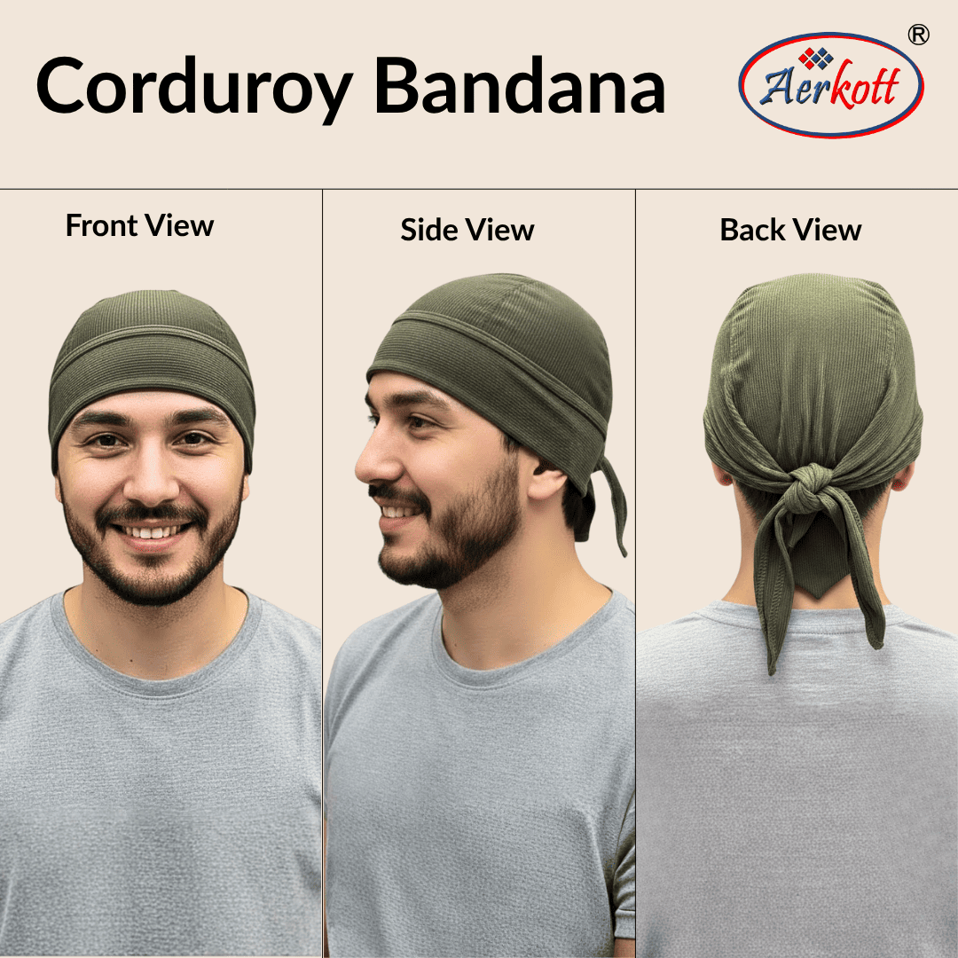 a man wearing corduroy bandana captured in different angles 