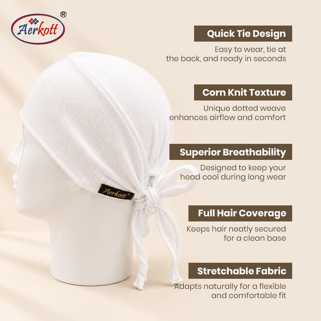 features of corn knit 2 tani bandana with aerkott logo on a beige background