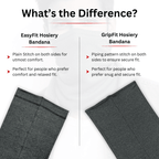 Comparison chart of EasyFit and GripFit hosiery bandanas with text and images.