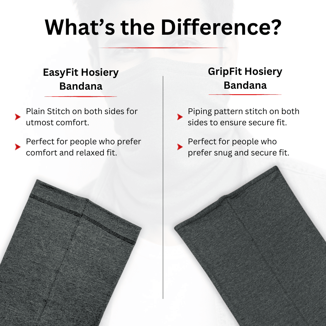 Comparison chart of EasyFit and GripFit hosiery bandanas with text and images.