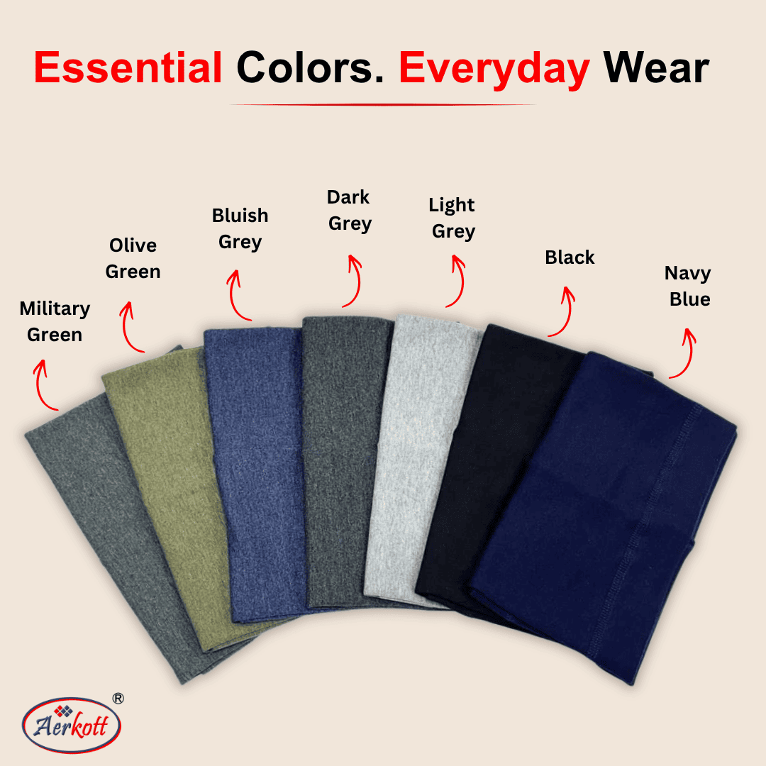 Fabric swatches in various colors with labels on a beige background, featuring the Aerokott brand.