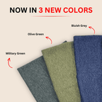 Three fabric swatches in Olive Green, Bluish Grey, and Military Green with text indicating new colors.