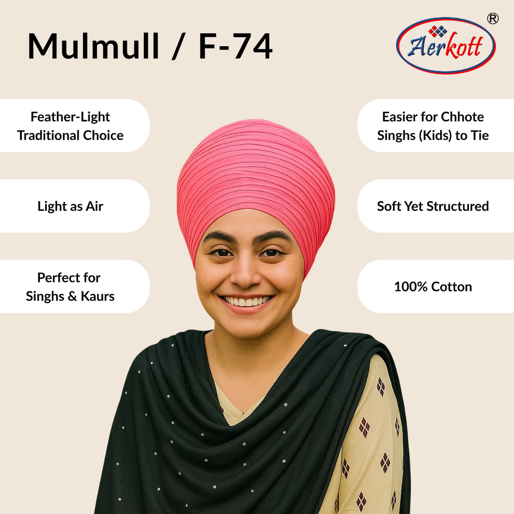 Person wearing a pink turban with Aerkott branding and product features listed.