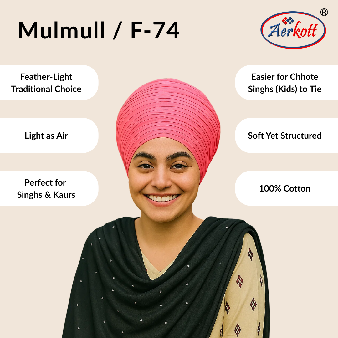 Person wearing a pink turban with Aerkott branding and product features listed.