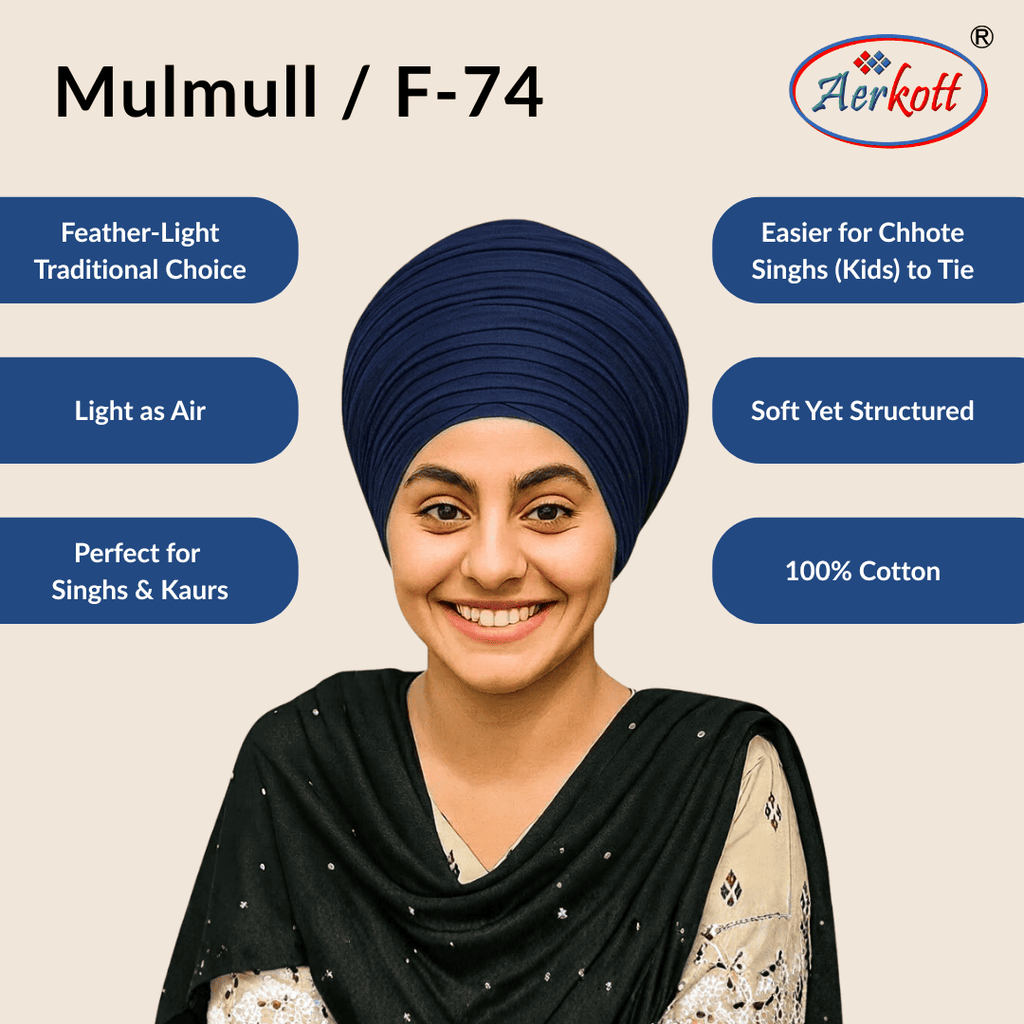 Person wearing a blue mulmul malmal  turban with Aerkott brand logo and product features listed.