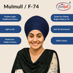 Person wearing a blue mulmul malmal  turban with Aerkott brand logo and product features listed.