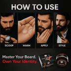 Step-by-step guide on how to use beard product with a man applying it, text 'How to Use', and product packaging.