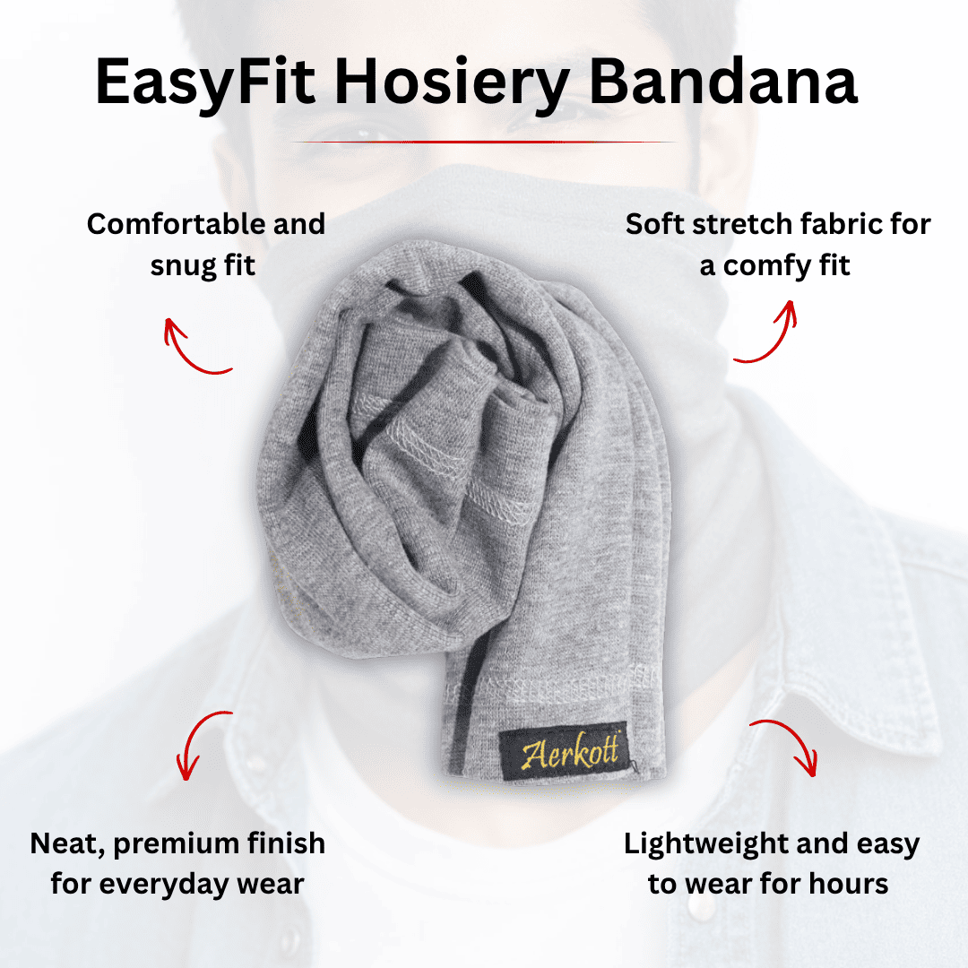Gray hosiery bandana with Aerokott branding on a white background, featuring text about its features.
