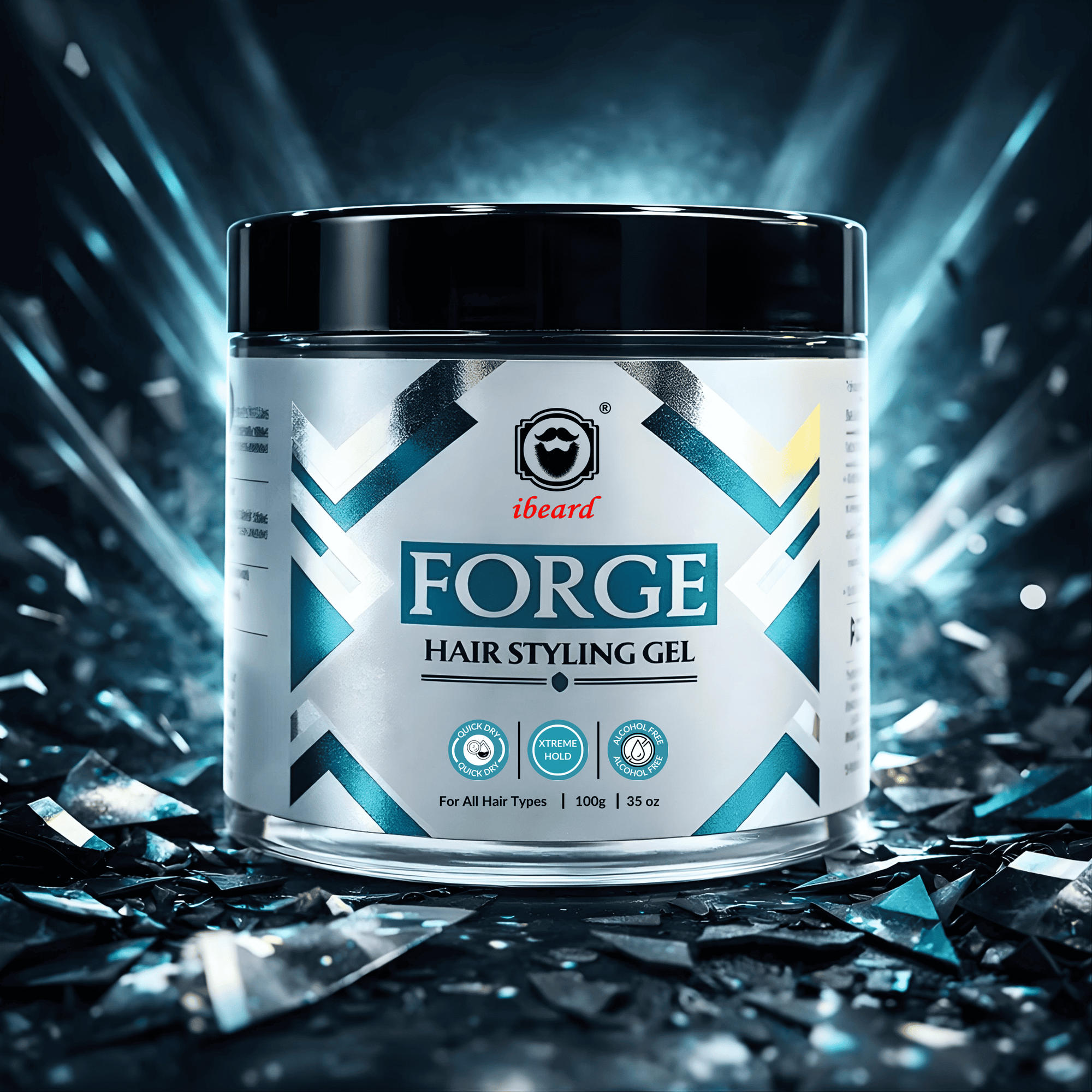 Jar of Forge hair styling gel with a dynamic background