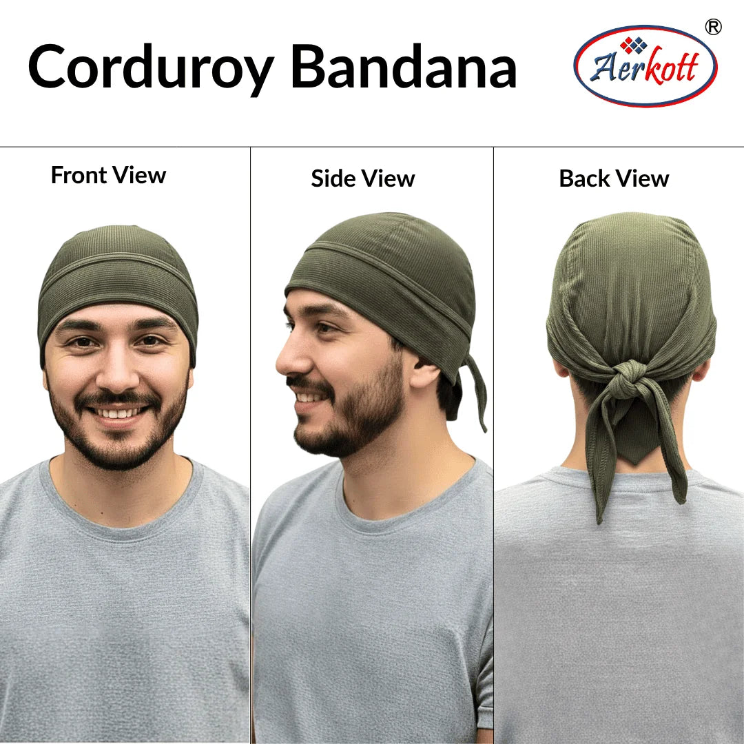 front side and back view of man wearing aerkott corduroy 3 tani bandana