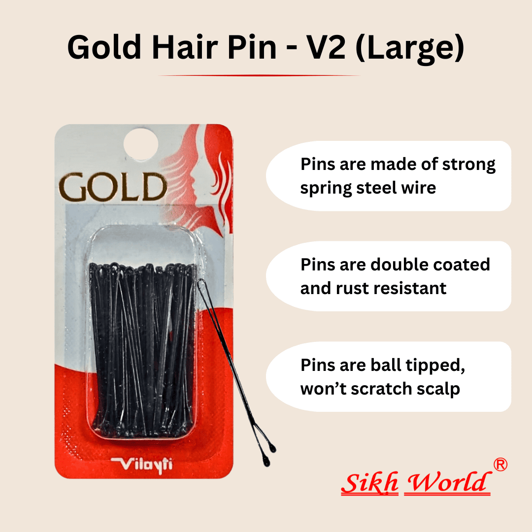 Packaged gold hair pins with product details on a beige background
