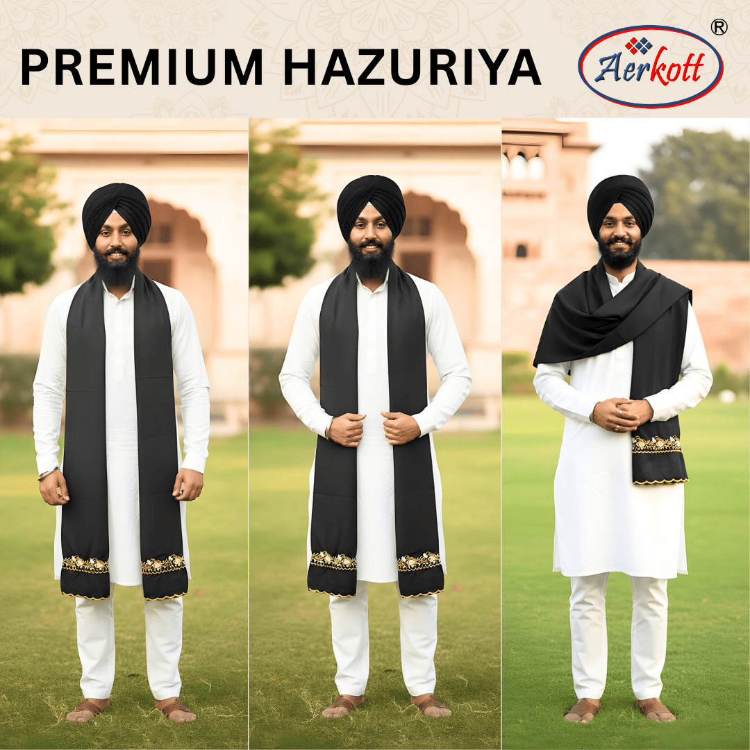 Three images of a man wearing a white kurta with a black hazuriya, standing outdoors.