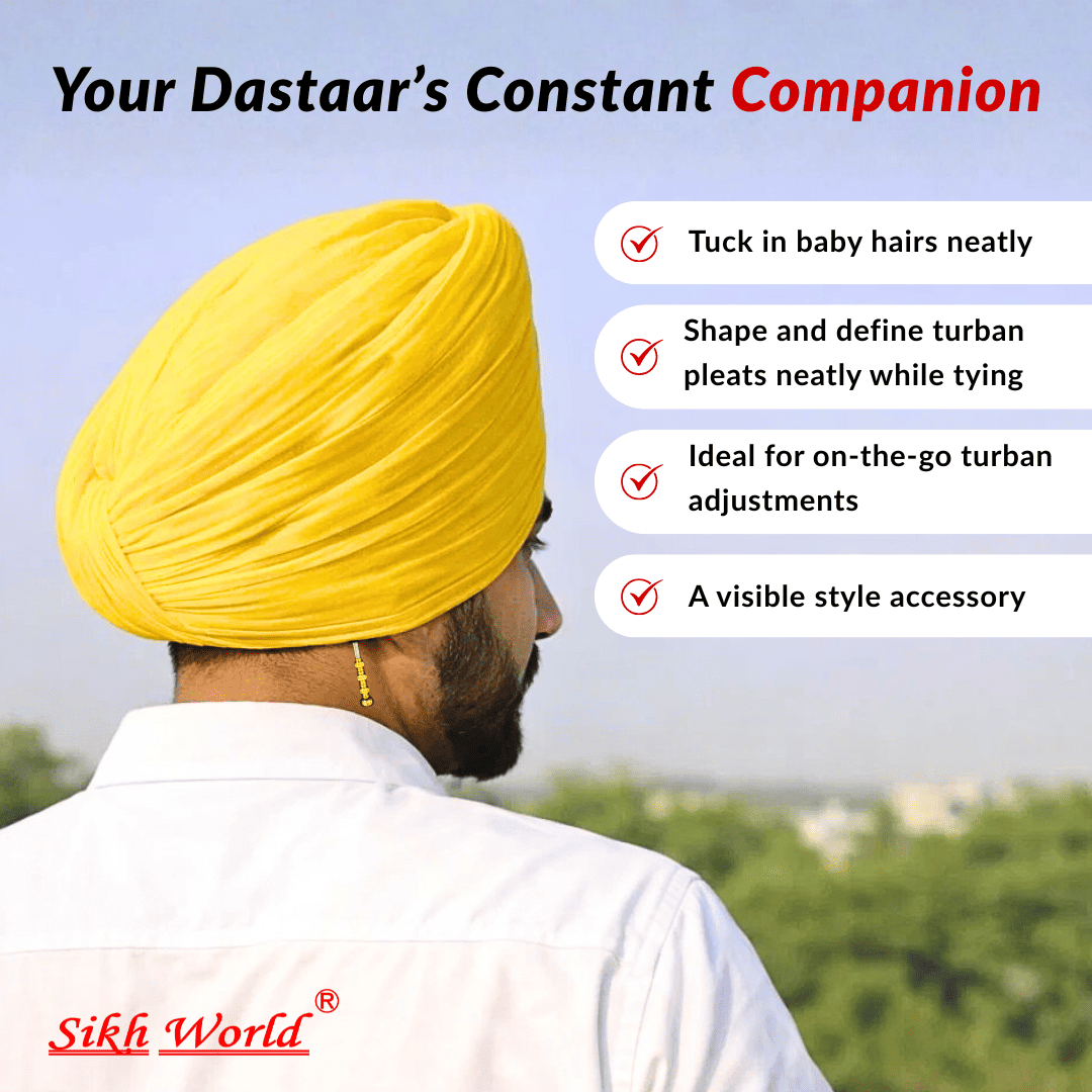 Person wearing a yellow turban with text on how to properly wear it, set against a blurred outdoor background.