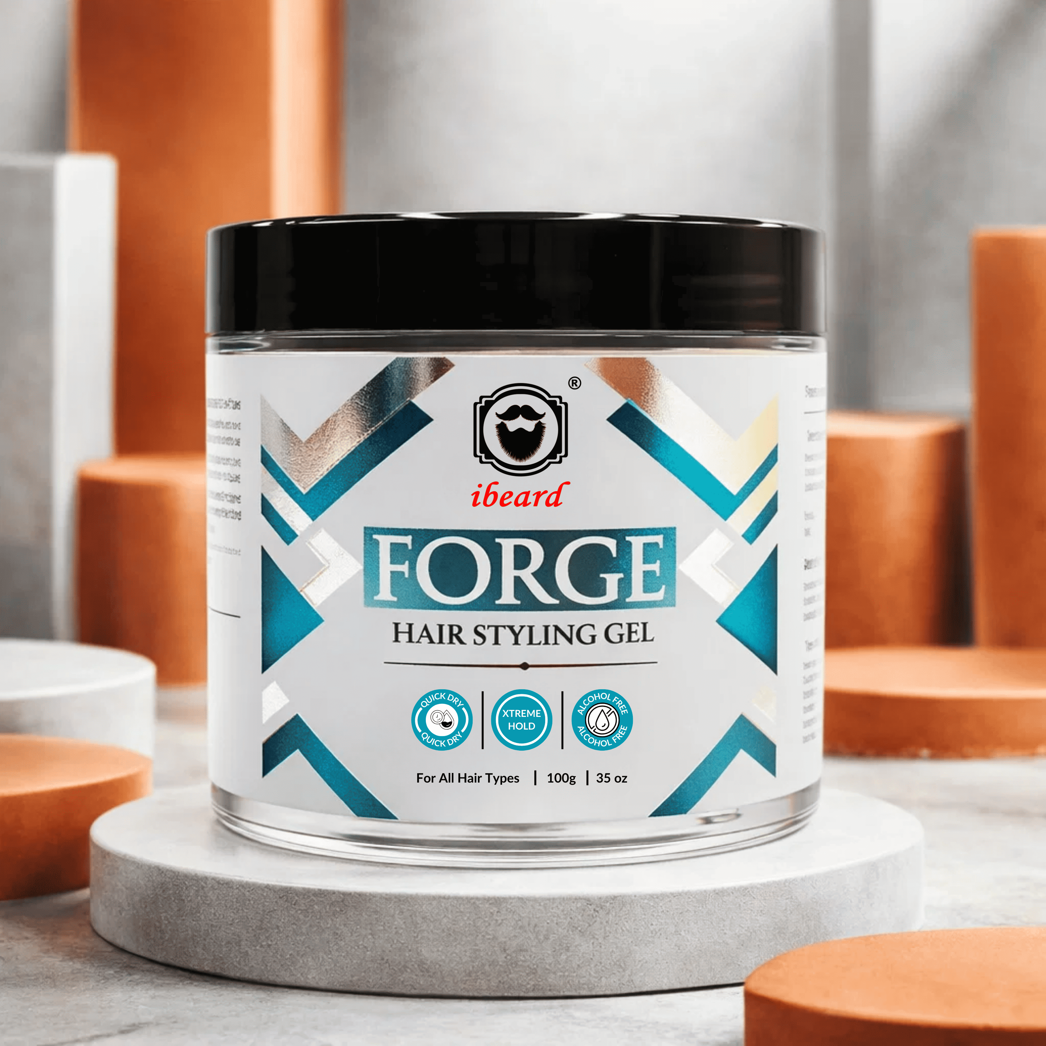 iBeard Forge Hair Styling Gel jar on a modern background