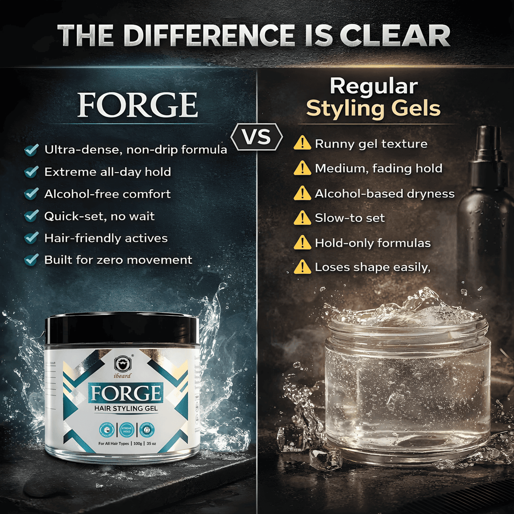 Comparison chart of Forge hair styling gel versus regular styling gels on a dark background.