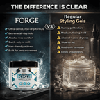 Comparison chart of Forge hair styling gel versus regular styling gels on a dark background.