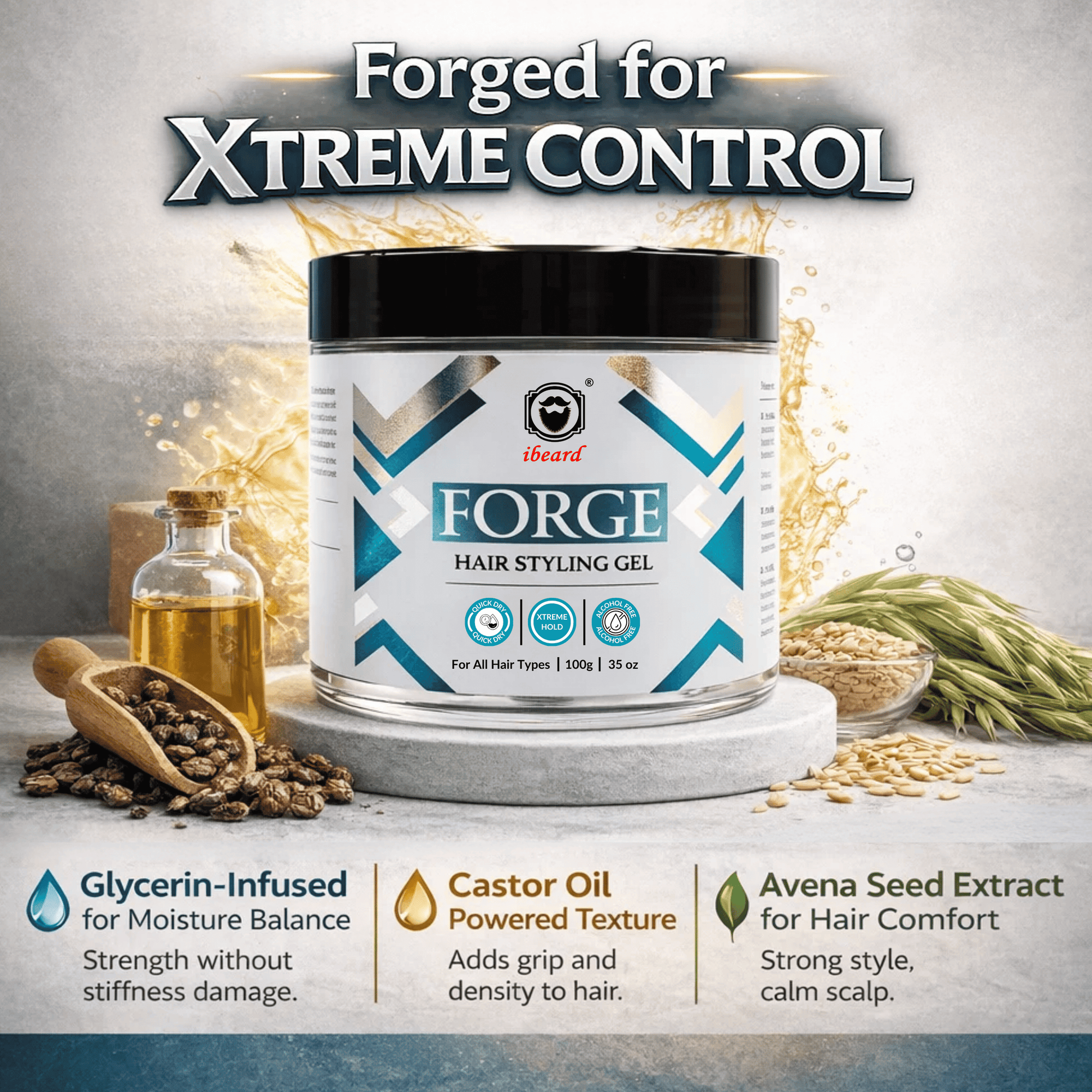 Forge hair styling gel jar with ingredients and text on a gray background