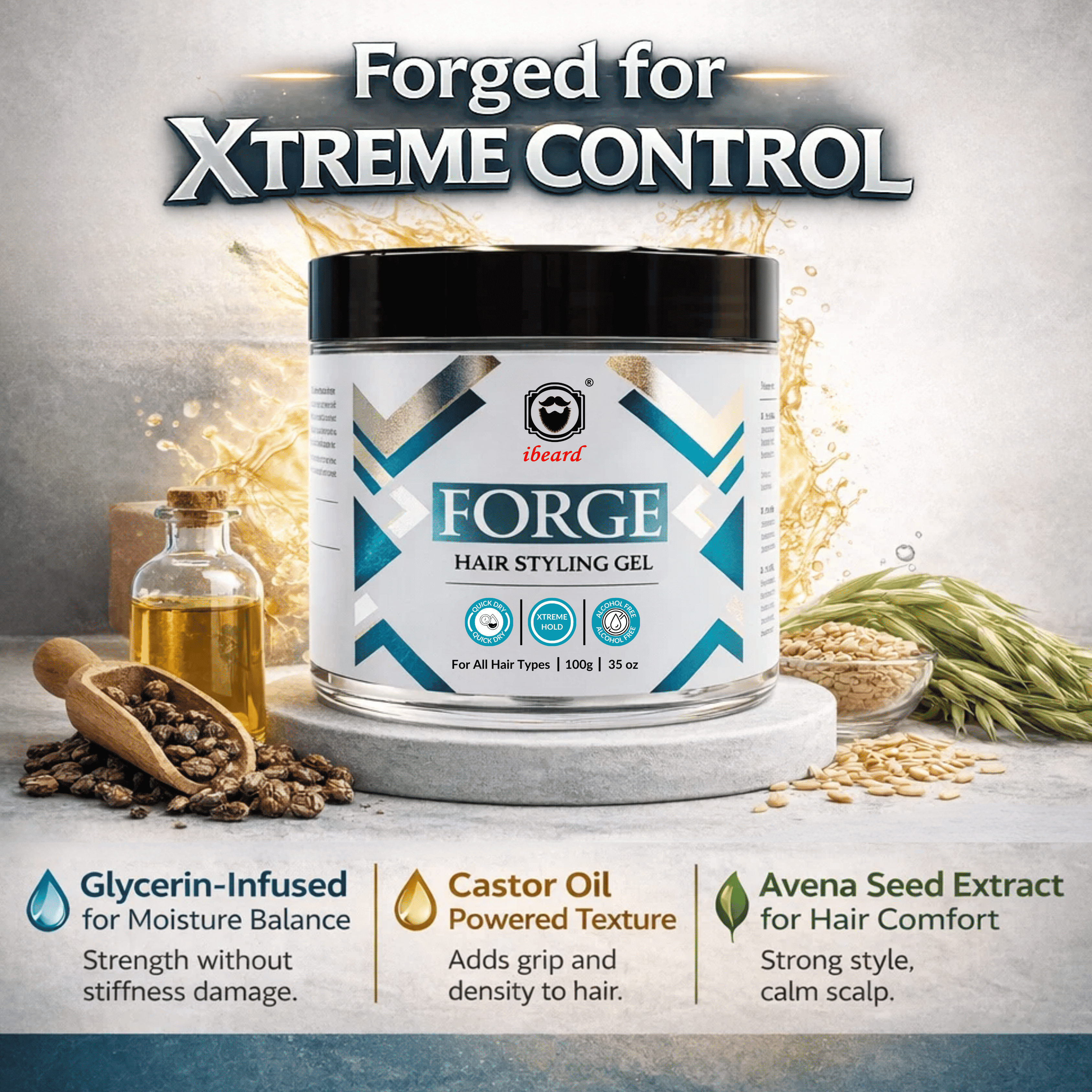 Forge hair styling gel jar with ingredients and text on a gray background