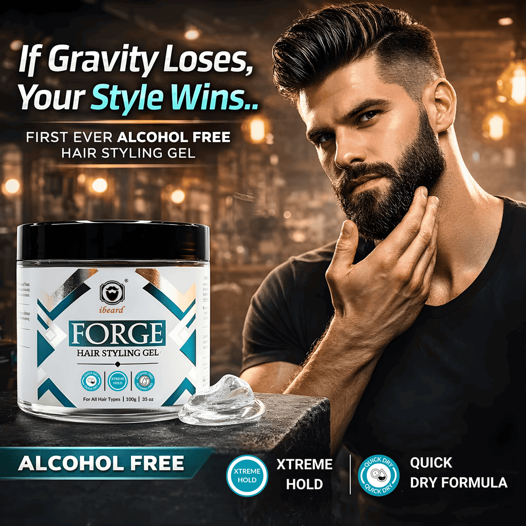 Advertisement for Forge hair styling gel with a man touching his beard and product packaging.