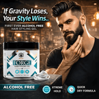 Advertisement for Forge hair styling gel with a man touching his beard and product packaging.