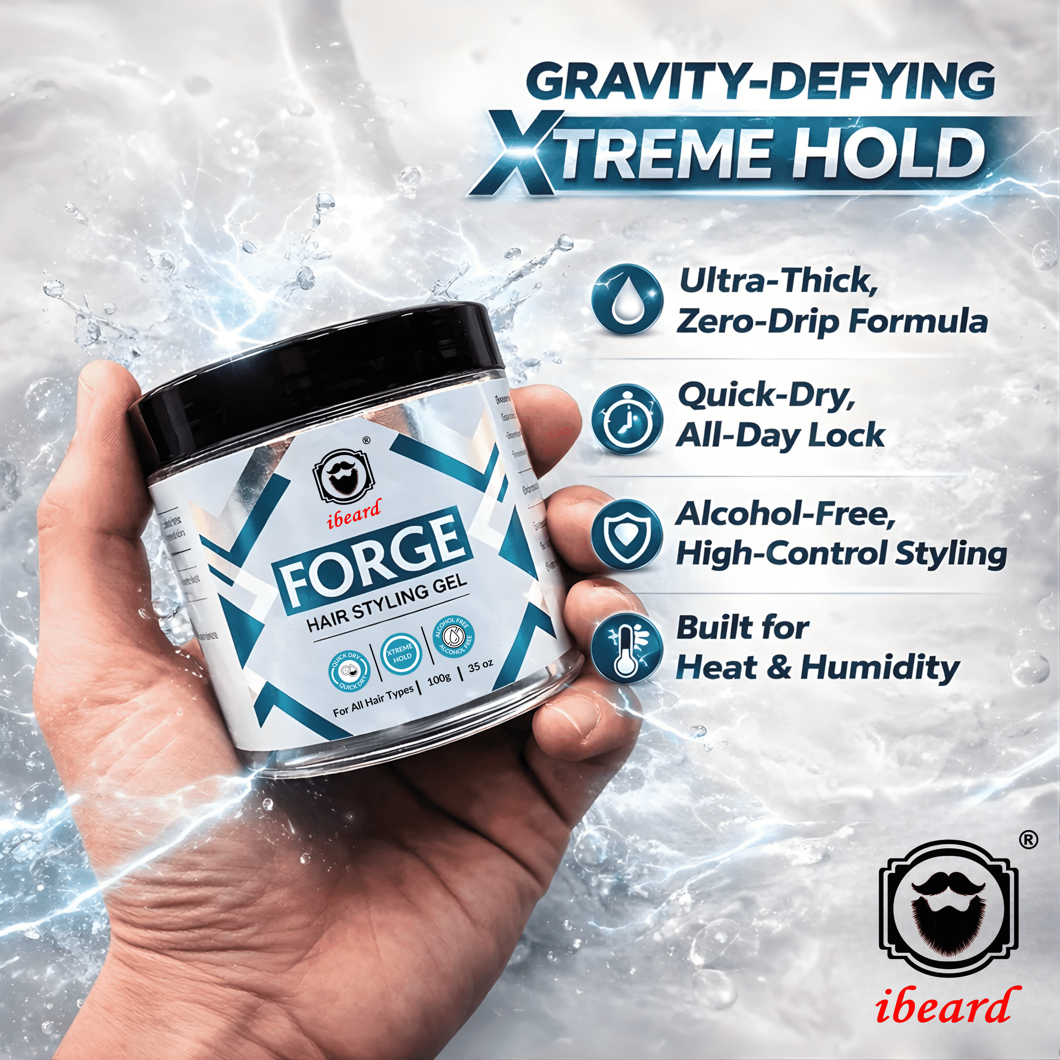 Hand holding a jar of iBeard Forge hair styling gel with product features listed above.