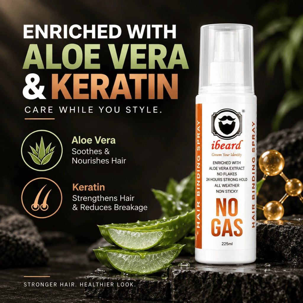 A bottle of iBeard Hair Binding Spray stands on dark textured rocks beside sliced aloe vera, with large promotional text reading 'Enriched with Aloe Vera & Keratin' and feature callouts on a dark styled background.