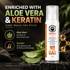 A bottle of iBeard Hair Binding Spray stands on dark textured rocks beside sliced aloe vera, with large promotional text reading 'Enriched with Aloe Vera & Keratin' and feature callouts on a dark styled background.