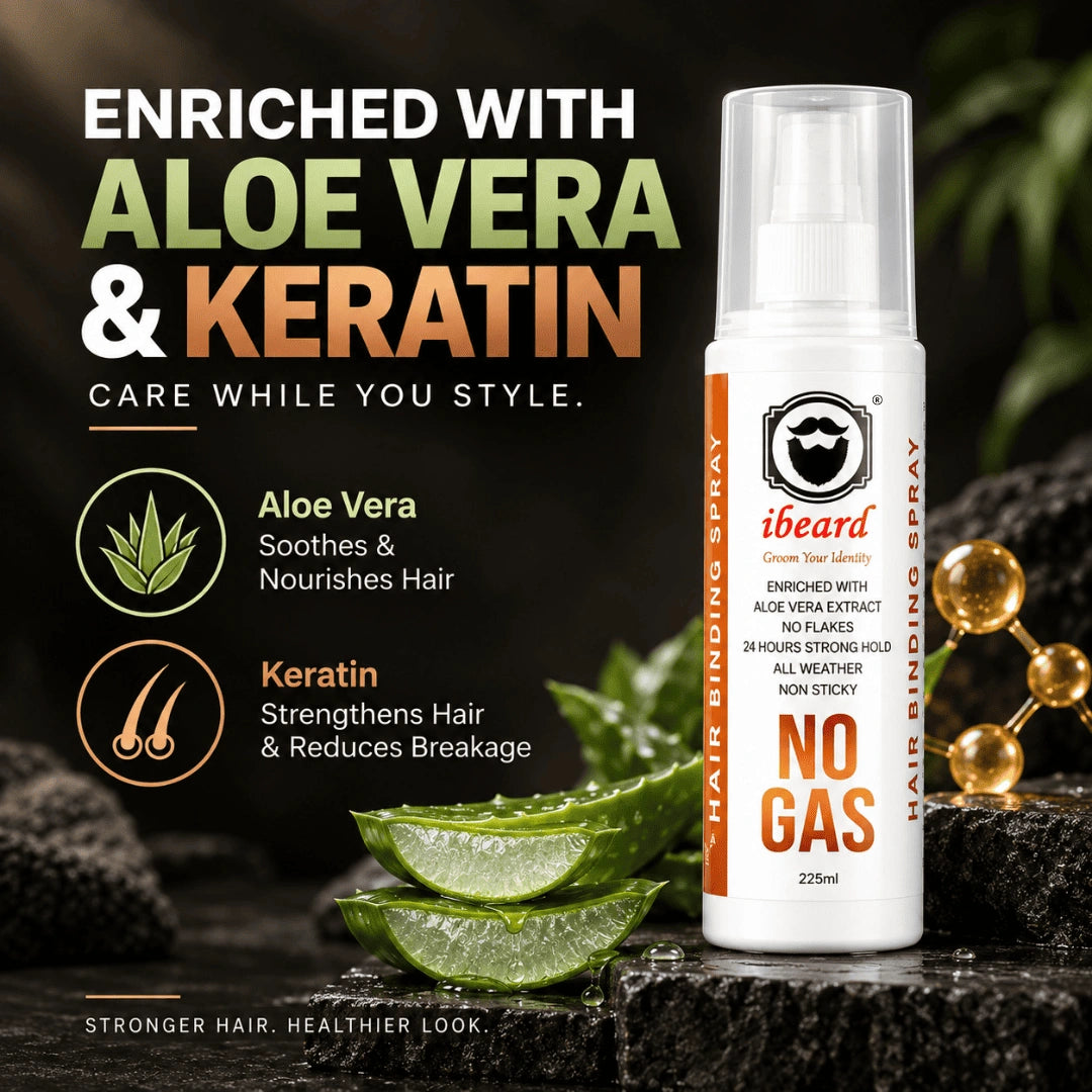 A bottle of iBeard Hair Binding Spray stands on dark textured rocks beside sliced aloe vera, with large promotional text reading 'Enriched with Aloe Vera & Keratin' and feature callouts on a dark styled background.