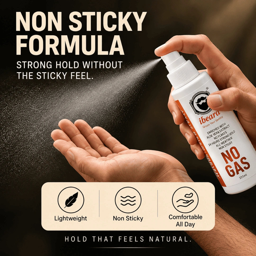 A hand holds a white ibeard non sticky formula spray bottle while spraying a fine mist onto another hand. The background is dark brown, with bold white text reading 'NON STICKY FORMULA' and three beige feature icons below highlighting lightweight, non sticky, and comfortable all day use.