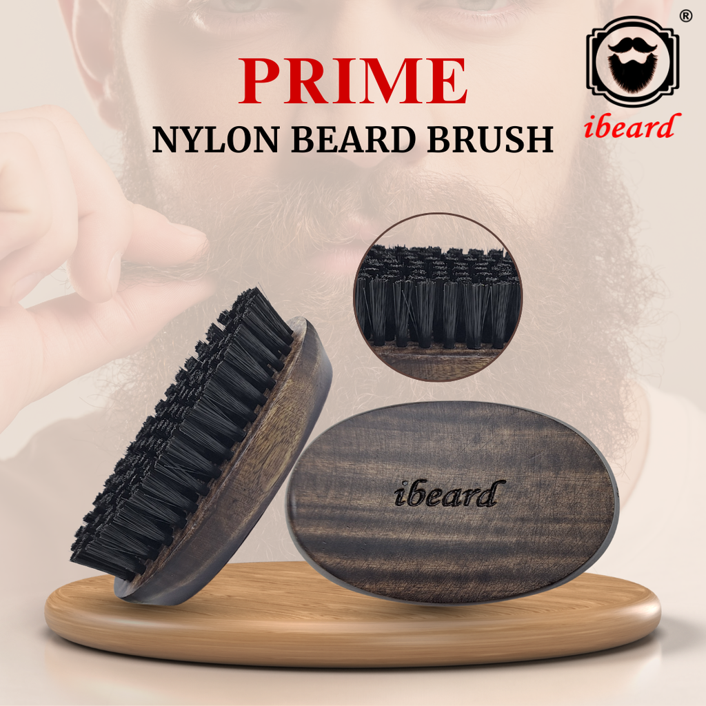 iBeard Prime Nylon Beard Brush on a stand with close-up detail, brand logo visible.