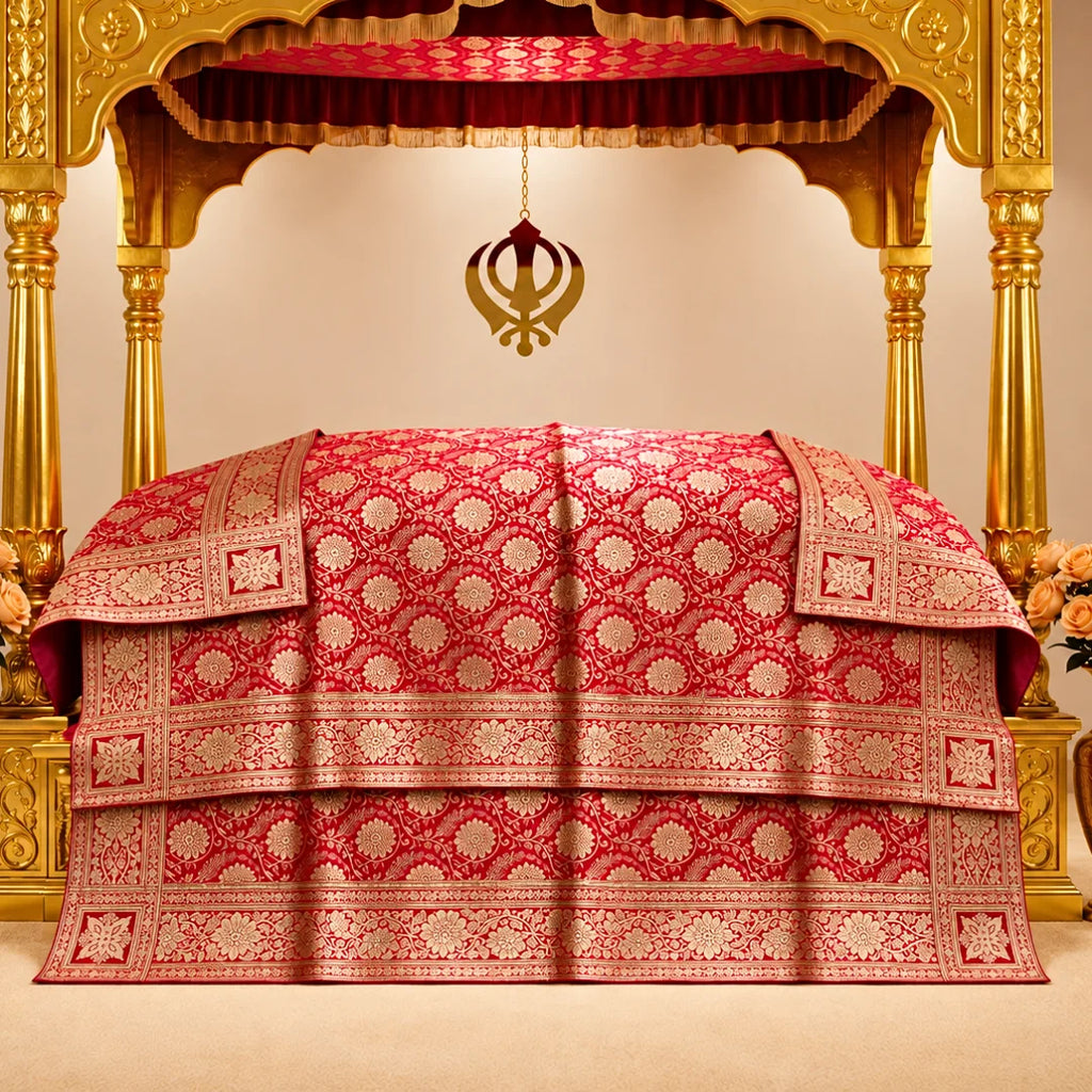 Jot Noor red Pure Banarasi Silk Rumala Sahib with golden zari weaving