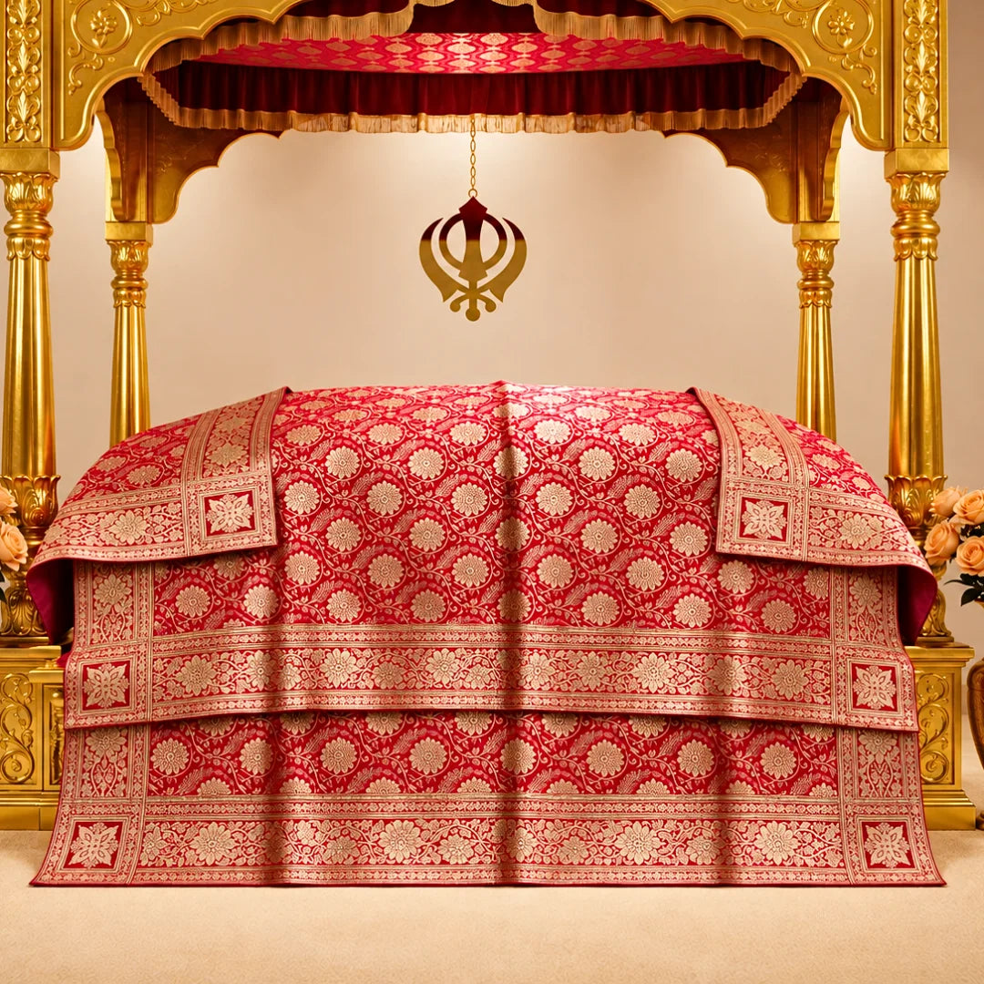 Jot Noor red Pure Banarasi Silk Rumala Sahib with golden zari weaving