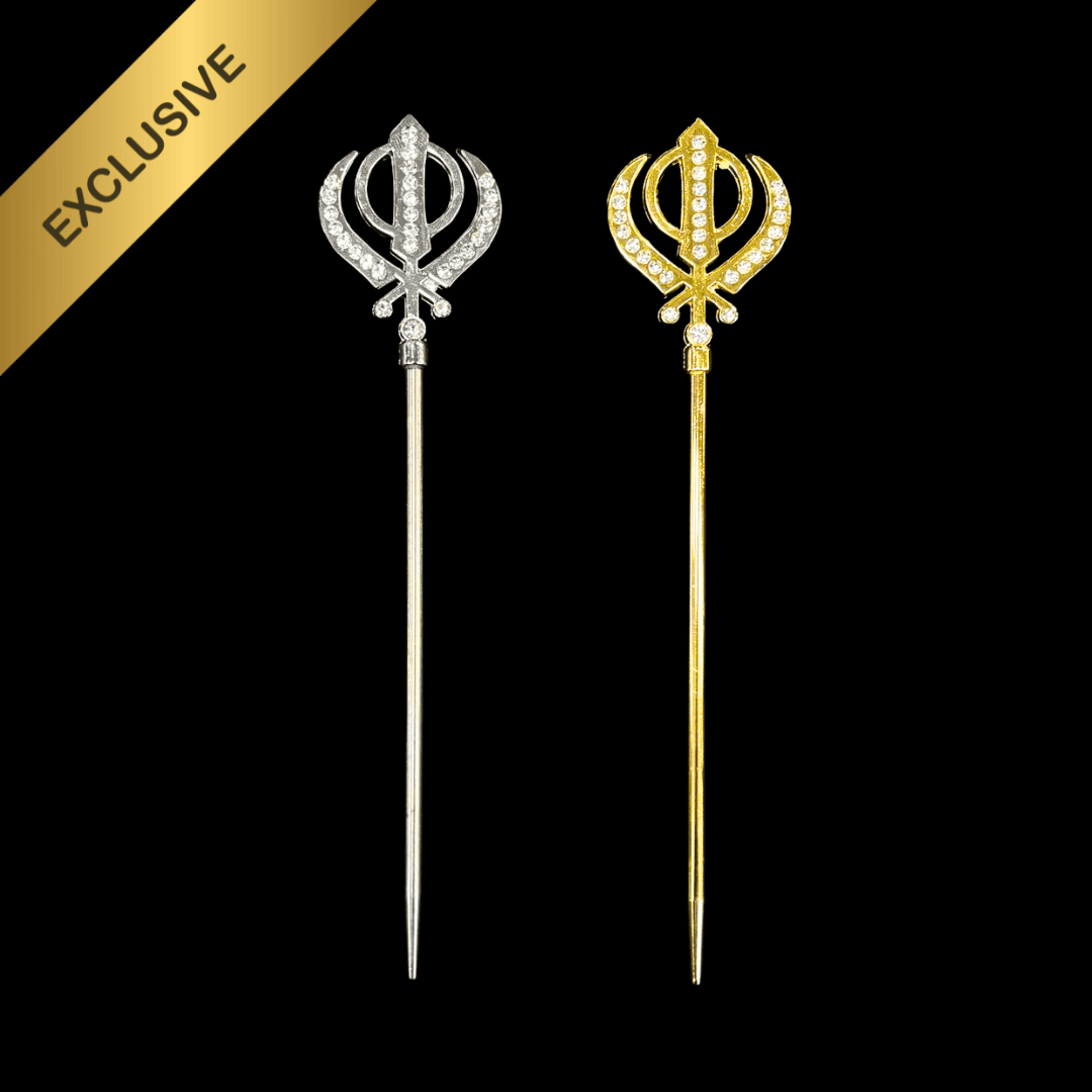 silver & golden khanda prestige royale salai baz with diamond studded on it. fancy designer salai baz perfect for gifting