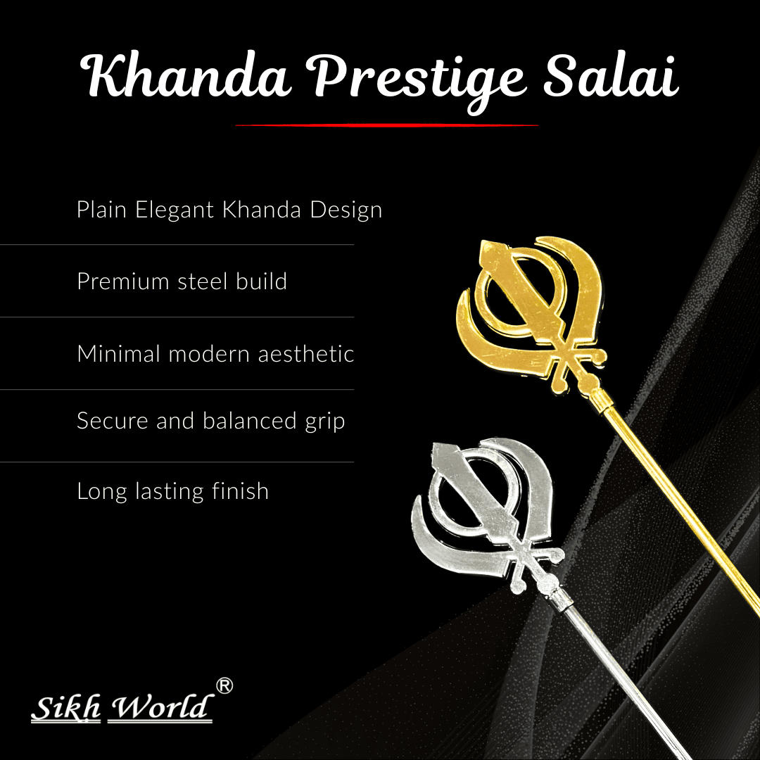 Khanda Prestige Salai with gold and silver design on a black background, featuring Sikh World branding. Premium gift ideas for sikh men
