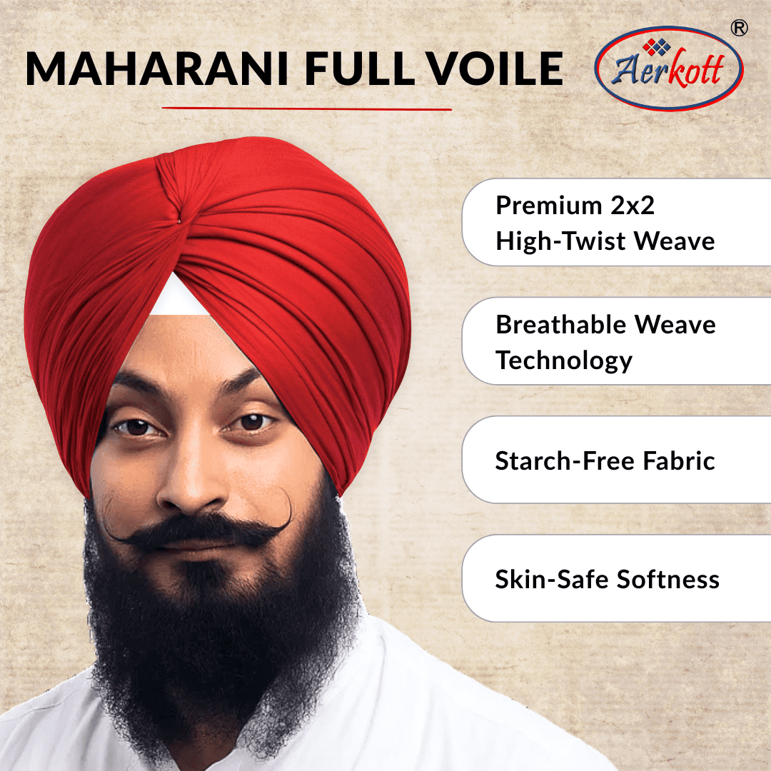 Maharani Full Voile fabric with a man wearing a red turban and Aerkott branding.