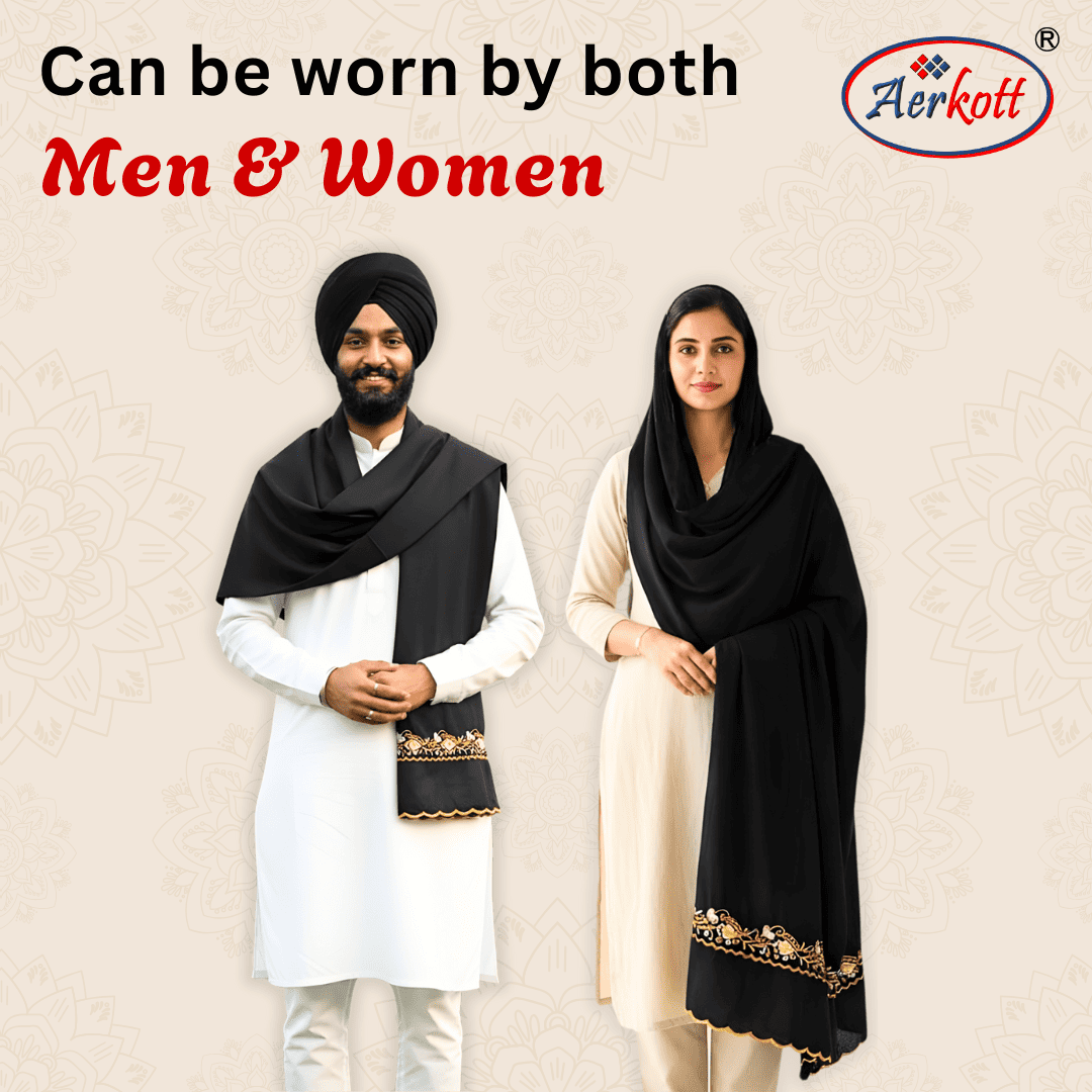 Two people wearing black hazuriya scarves with Aerkott logo and text about wearability.