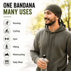 multiple uses of corduroy 3 tani bandana showing it can be worn in running, cycling, gym bandana, hikinh, motorcycling and daily wear bandana