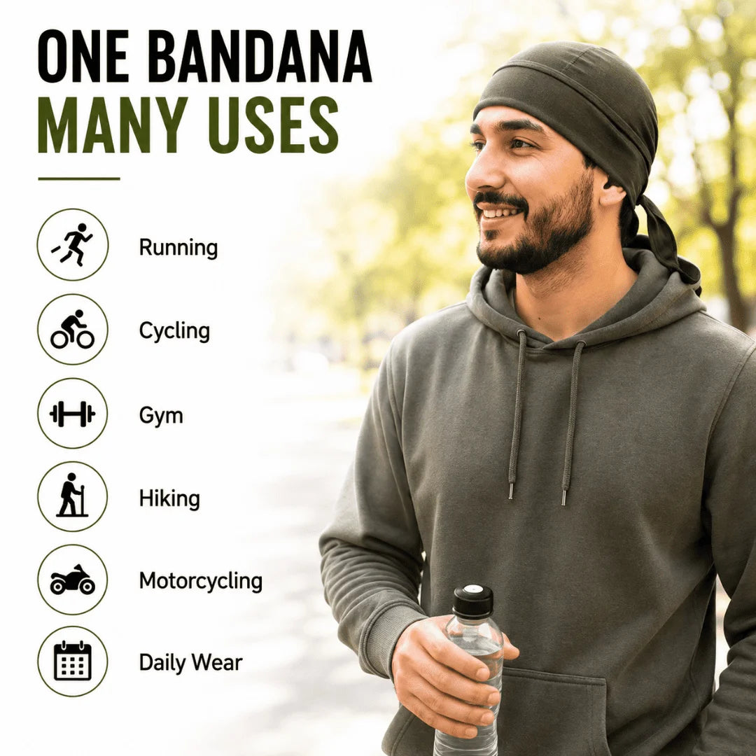 multiple uses of corduroy 3 tani bandana showing it can be worn in running, cycling, gym bandana, hikinh, motorcycling and daily wear bandana