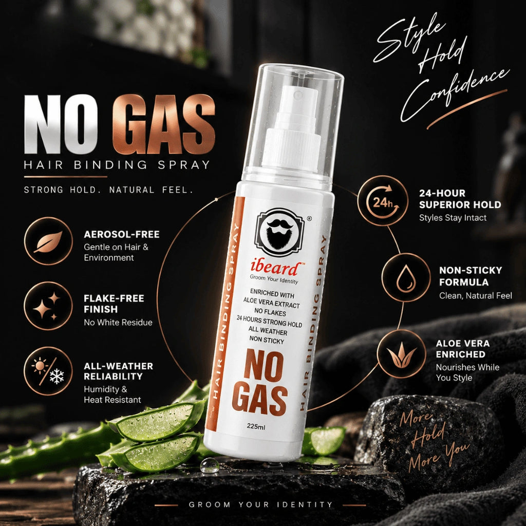 A bottle of iBeard No Gas Hair Binding Spray is shown in a styled promotional layout with a dark textured background, aubergine slices, and marketing callouts about hold time and product benefits.