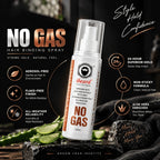 A bottle of iBeard No Gas Hair Binding Spray is shown in a styled promotional layout with a dark textured background, aubergine slices, and marketing callouts about hold time and product benefits.