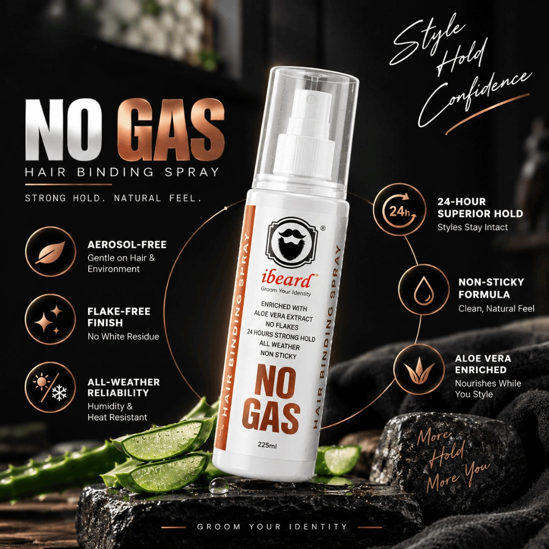 A bottle of iBeard No Gas Hair Binding Spray is shown in a styled promotional layout with a dark textured background, aubergine slices, and marketing callouts about hold time and product benefits.