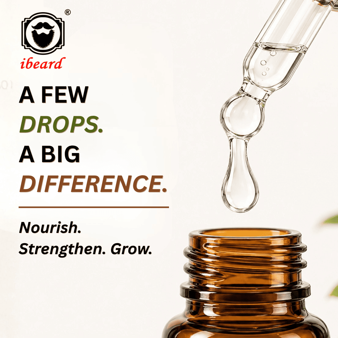 Promotional graphic for iBeard beard care showing an amber glass bottle with a glass dropper above it, with text reading 'A FEW DROPS. A BIG DIFFERENCE.