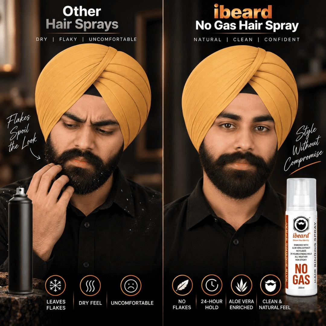 A side-by-side comparison graphic for ibeard No Gas Hair Spray. The left side shows a man wearing a mustard yellow turban and black shirt, touching his beard, with text reading 'Other Hair Sprays' and icons for flakes, dry feel, and uncomfortable.