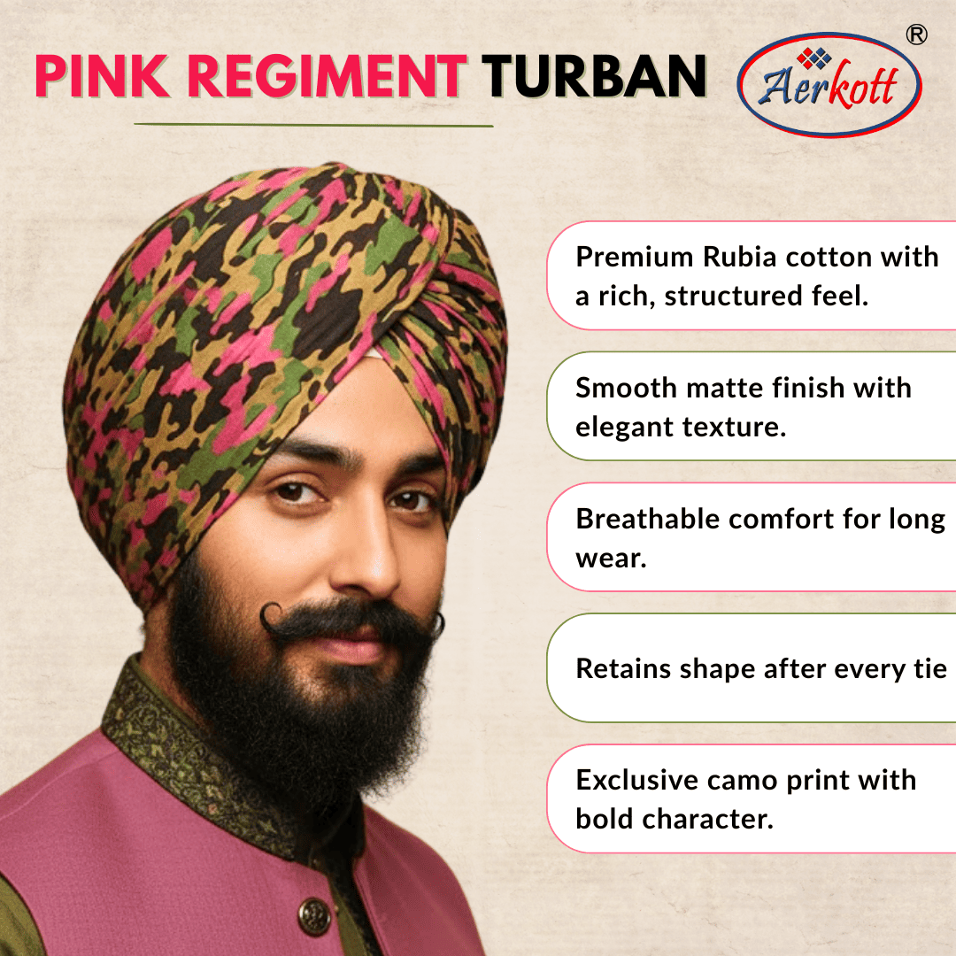 Person wearing a pink regiment turban with product details on a beige background